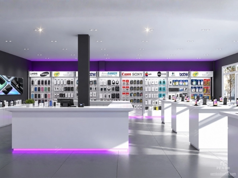 Custom mobile phone store design with phone display tables and accessory wall fixtures