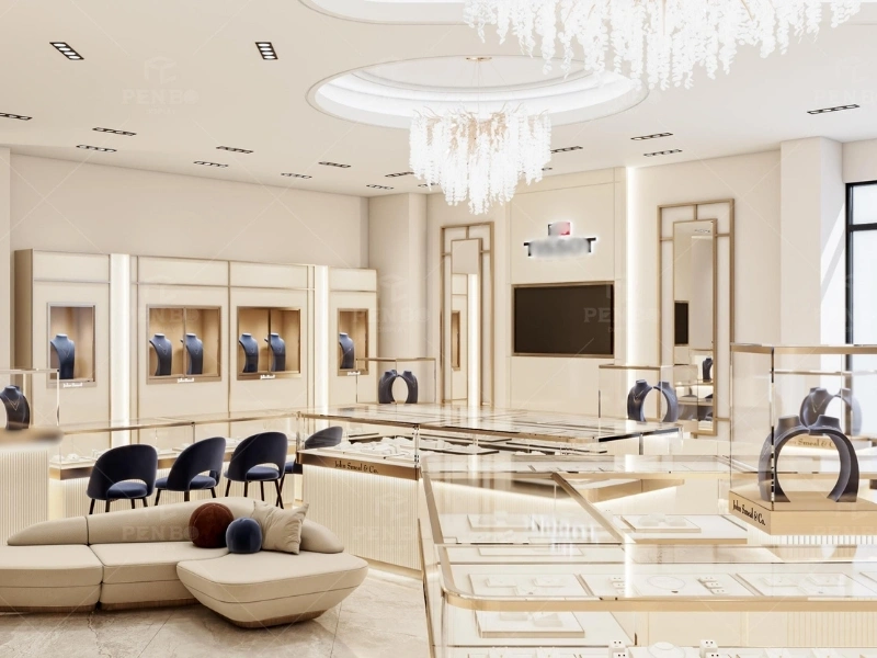 Modern white and gold jewelry showroom display counters