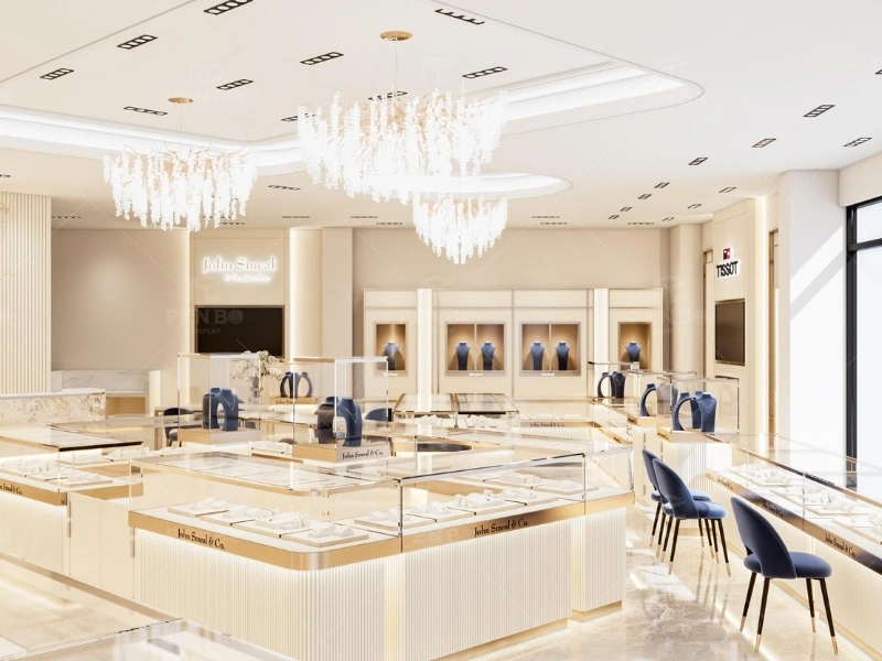 Luxury jewelry store interior design with custom display cases