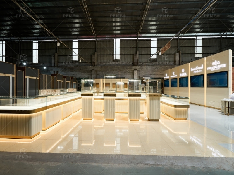 Custom jewelry store fixtures with illuminated glass display showcases