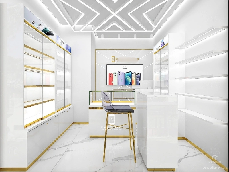 3D cell phone store design with custom display cabinets and counters