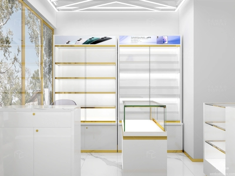 Small cell phone store interior design with wall displays and service counter