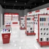 Phone accessories store layout with slatwall displays and central aisle