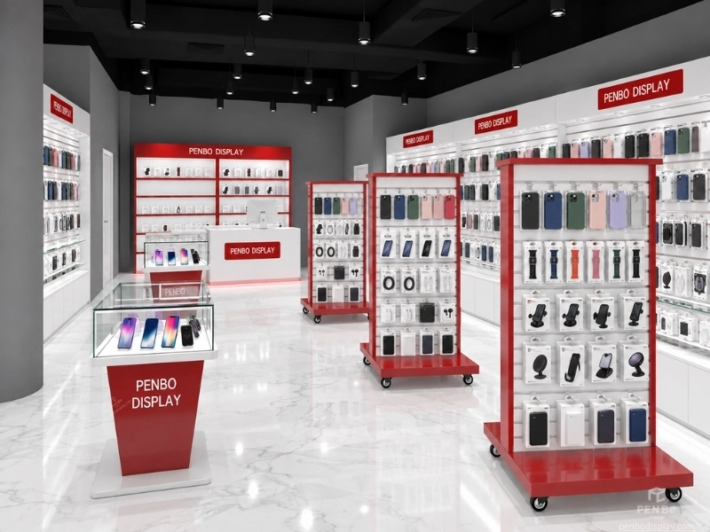 Phone accessories store layout with slatwall displays and central aisle