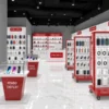 Mobile phone store entrance with accessory display walls and glass showcases