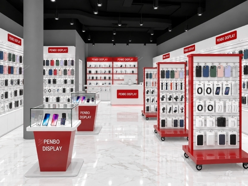 Mobile phone store entrance with accessory display walls and glass showcases