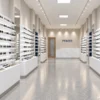 Optical store design rendering with white eyewear display shelves, storage cabinets and blue accent panels