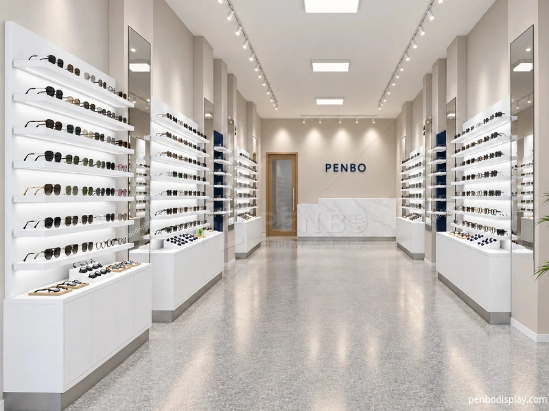 Optical store design rendering with white eyewear display shelves, storage cabinets and blue accent panels