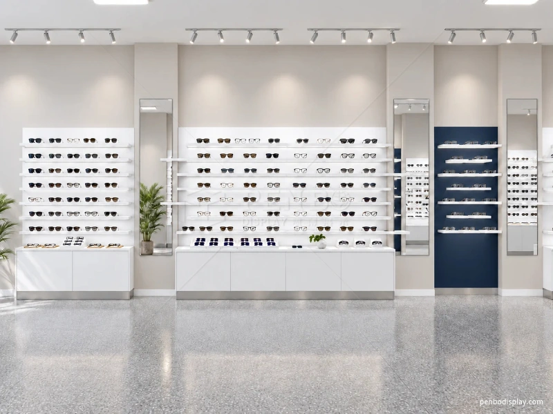 Optical store design rendering with white eyewear display shelves, storage cabinets and blue accent panels