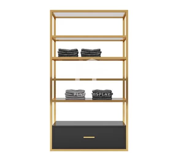 golden metal garment shelves with storage